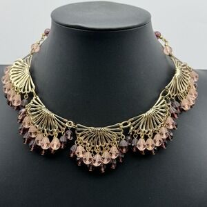Vintage Purple Pink Glass Necklace Statement Scallop Bib Beaded Choker 15"